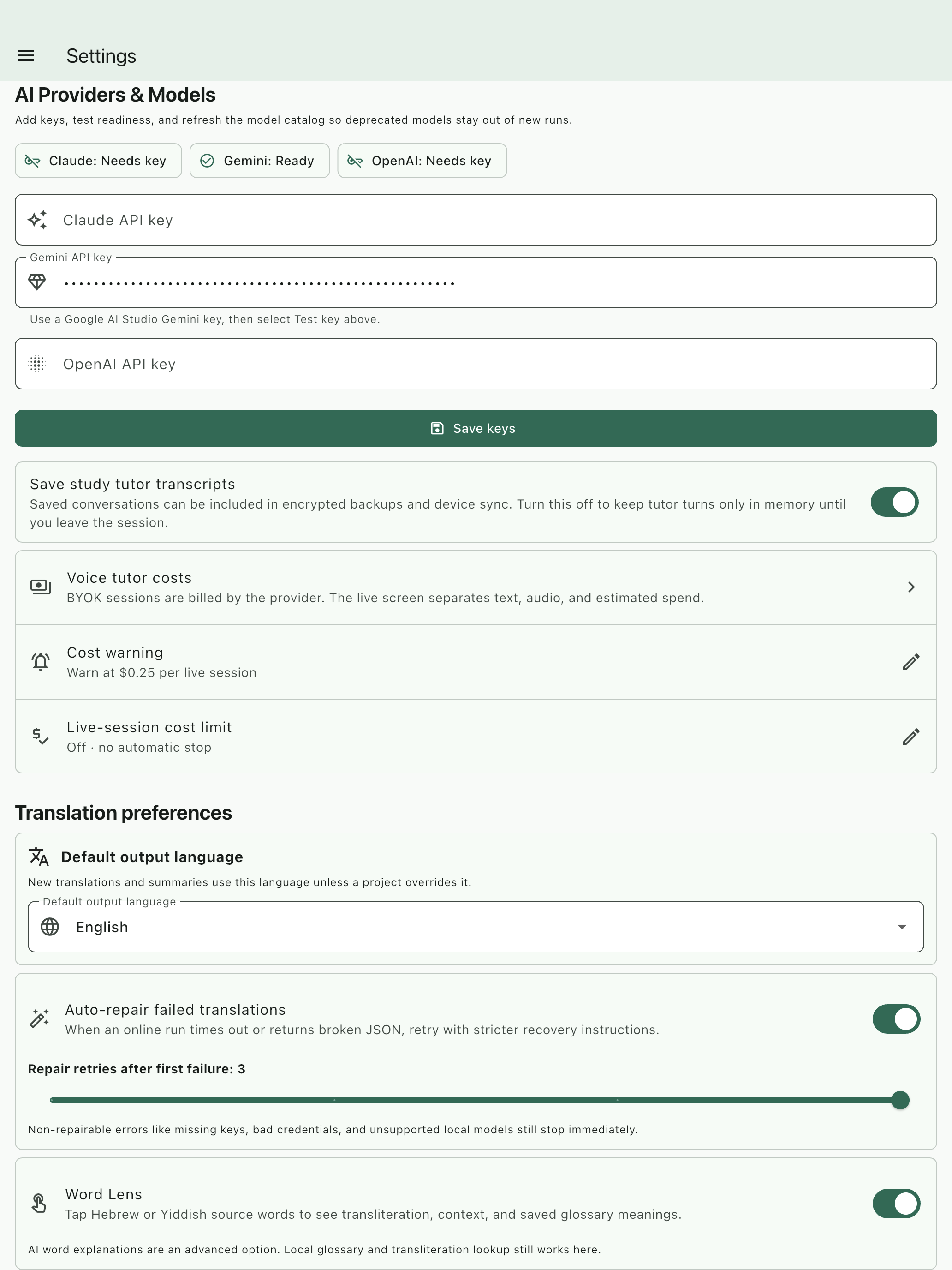 Provider, transcript, voice-cost, backup, and recovery controls
