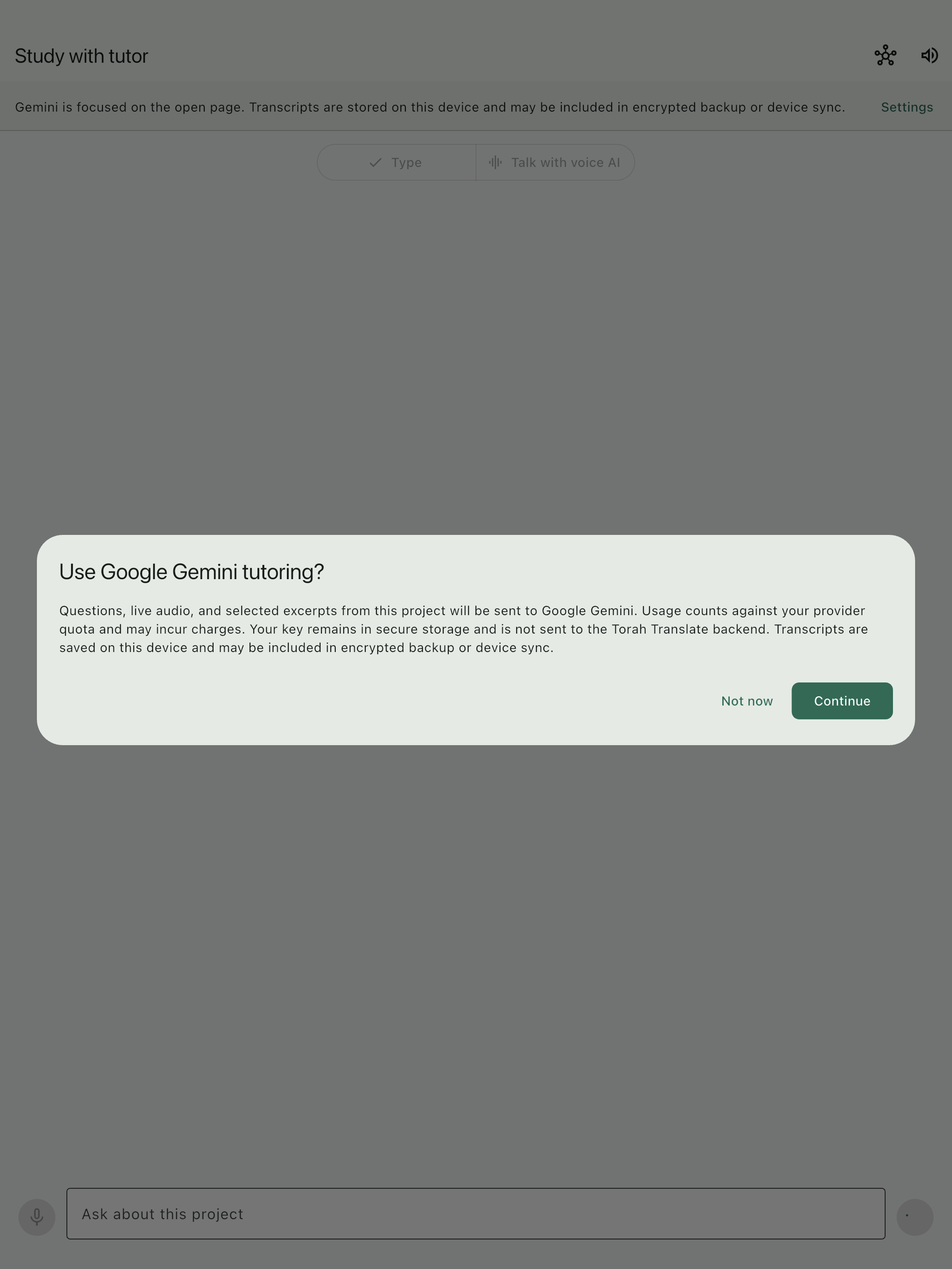 Consent screen before project-grounded tutoring