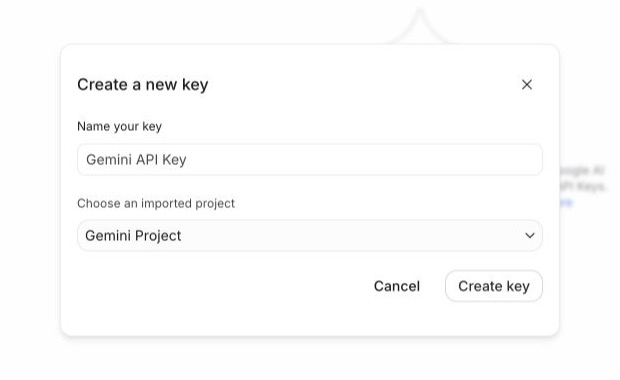 Google AI Studio Create a new key dialog