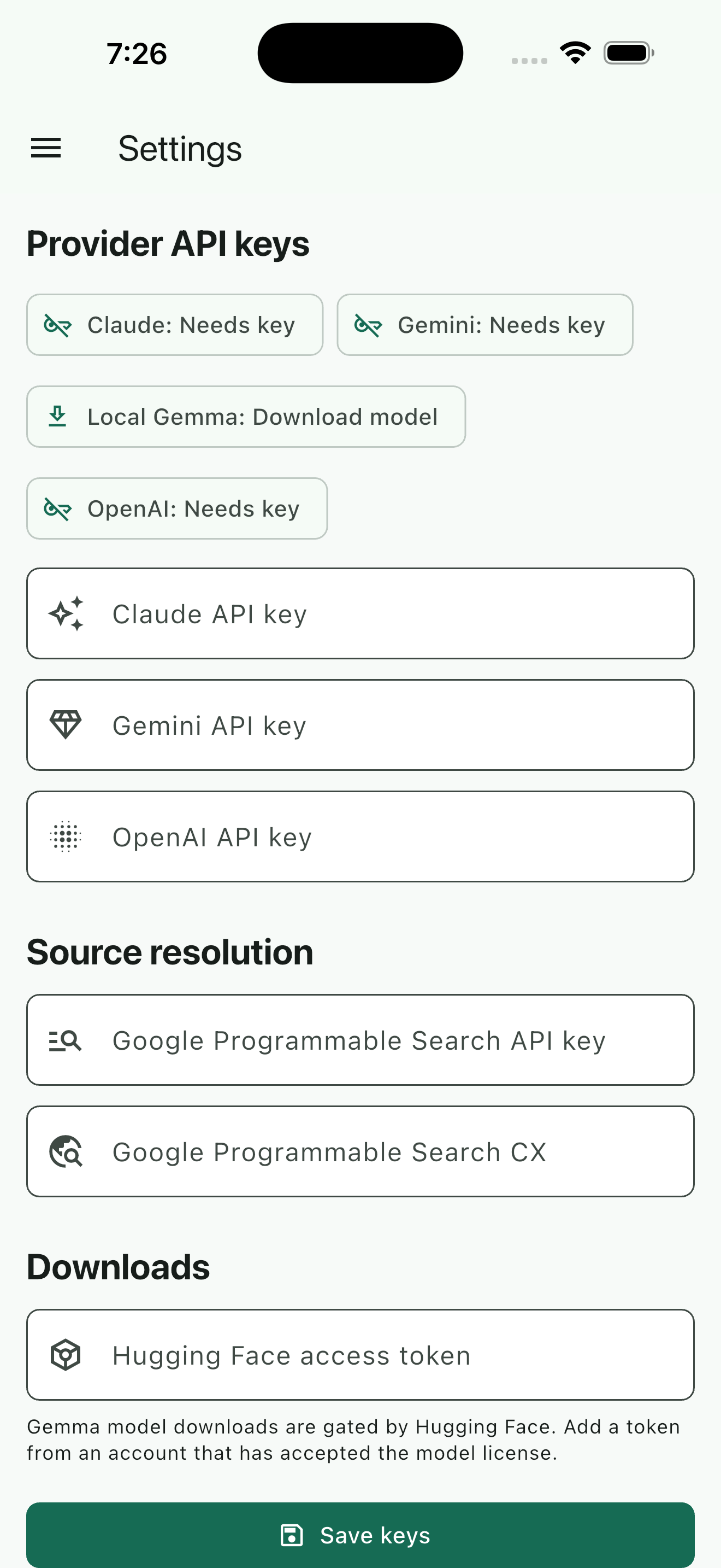 Provider settings screen